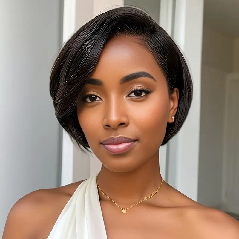 Transparente Spitze vorne, Styling-Haarschere, ungiftige Perücke aus Echthaar mit kurzem glattem Haar für Frauen, gewellte Perücke aus Echthaar, kein Kleber.
