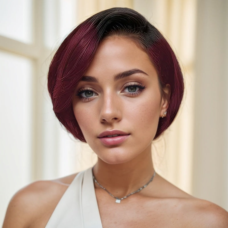 Transparente Spitze vorne, Styling-Haarschere, ungiftige Perücke aus Echthaar mit kurzem glattem Haar für Frauen, gewellte Perücke aus Echthaar, kein Kleber.