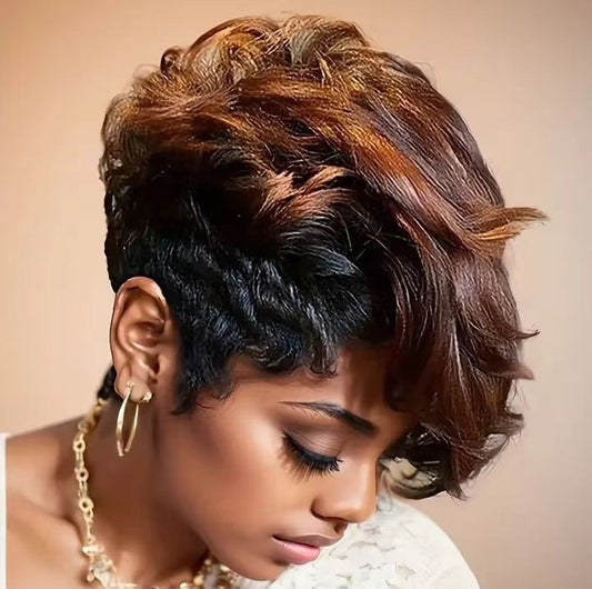 Short Black Non-toxic Wig, Mixed With Brown Bangs, Natural Short Hair, High Temperature Silk Synthetic Short Hair, Suitable For Black Women.