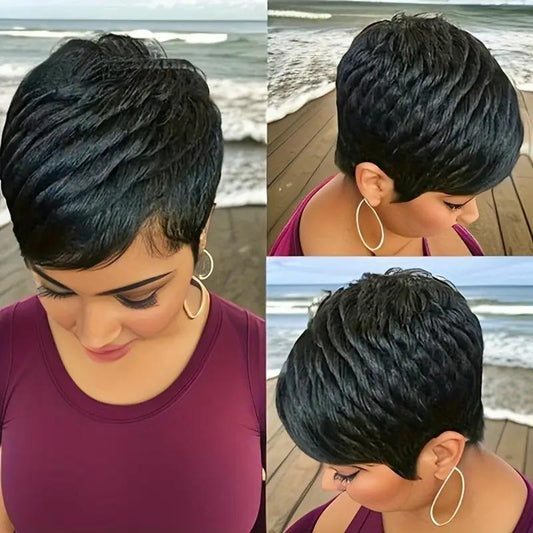 Women's Elegant Elf Haircut Non-toxic Wig - Brazilian Remy Real Hair, Natural Color, Short Straight Hair, All Machine-made, With Buckle Cap.
